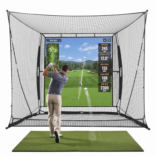 KuiBonu 10' x 8' Upgraded Golf Simulator Enclosure, 4K-Ready Impact Screen & Side Barriers, Heavy Duty Frame, Golf Simulator Net with Auto Ball Return Net